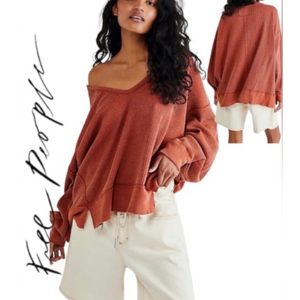 We The‎ Free People Buttercup Rust Orange Waffle Knit Thermal Top Medium Lounge